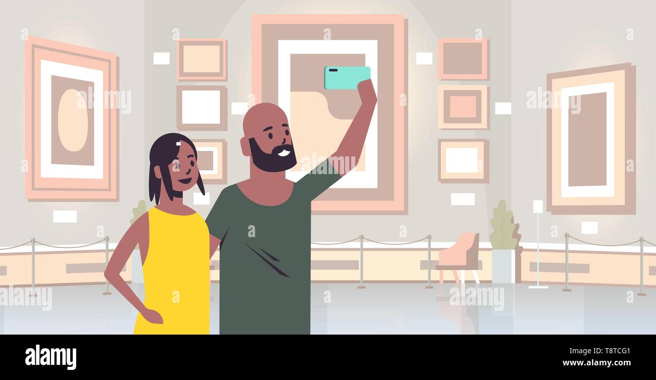 young couple taking selfie photo on smartphone camera african american man woman visitors in modern art gallery museum interior portrait horizontal Stock Vector