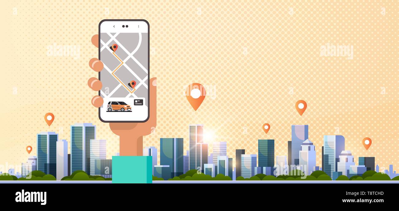 human hand using online ordering taxi car sharing mobile application