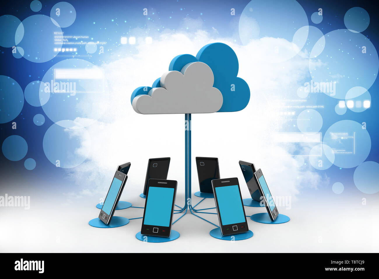 Smart phones network with cloud computing in color background Stock ...