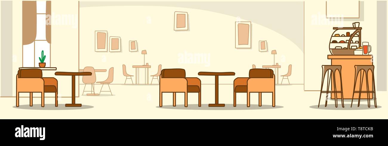 modern cafe interior empty no people cafeteria with furniture sketch doodle horizontal banner Stock Vector