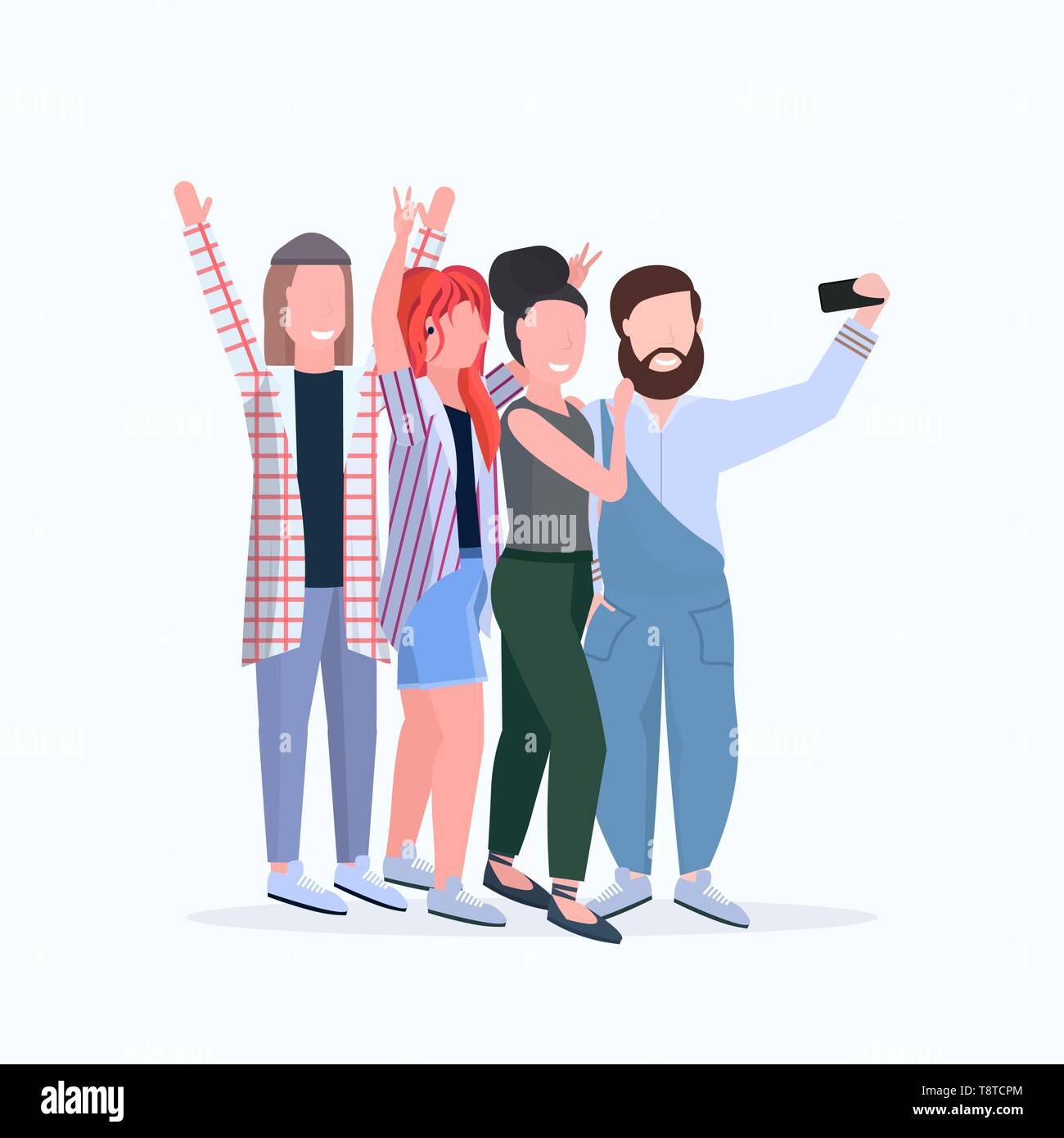 young people group taking selfie photo on smartphone camera casual friends  having fun male female cartoon characters full length flat white background  Stock Vector Image & Art - Alamy