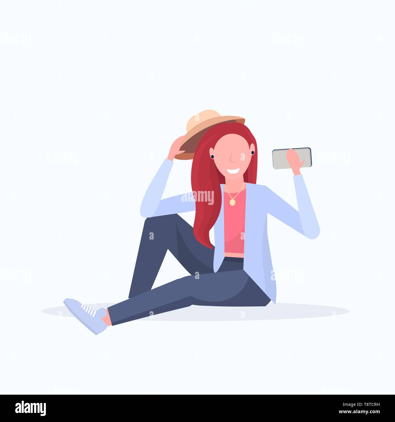 Brown Hair Woman Taking Selfie Photo On Smartphone Camera Female