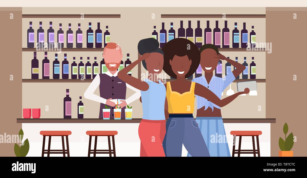 african american girls taking selfie photo on smartphone camera people relaxing in bar drinking cocktails barman serving clients modern cafe interior Stock Vector