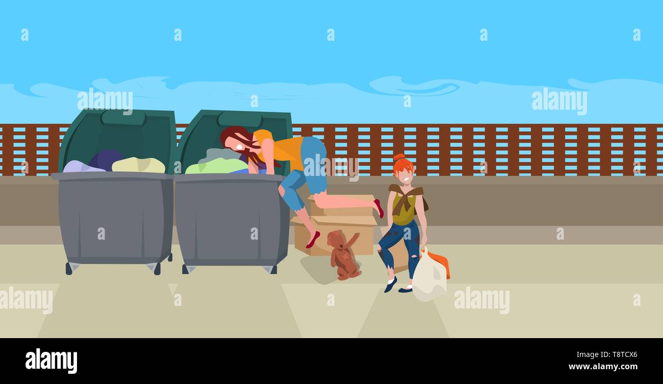 mother and daughter tramps searching food and clothes in trash can on street beggars family homeless concept horizontal full length Stock Vector