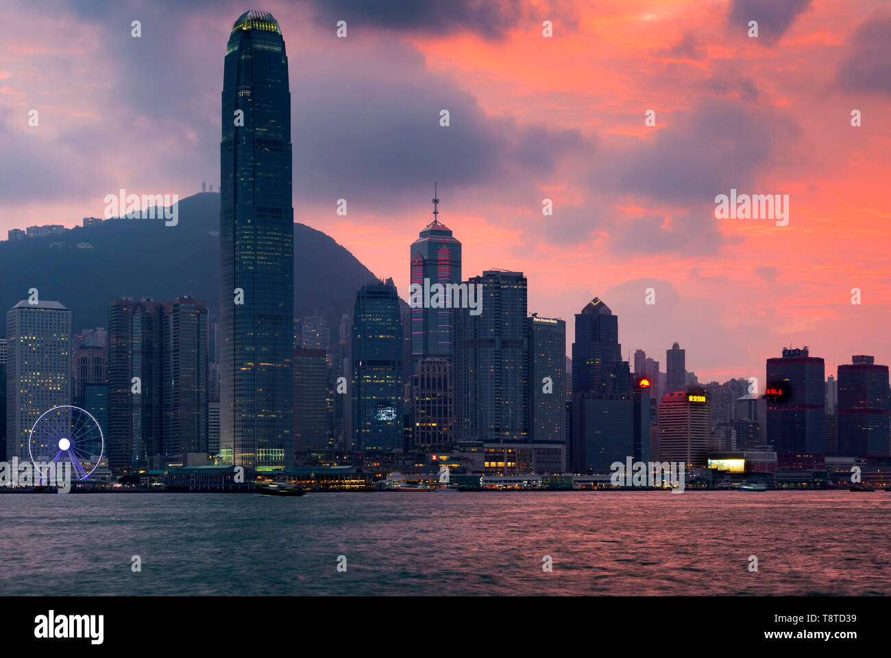 Victoria Harbour at sunset, Hong Kong, SAR, China Stock Photo