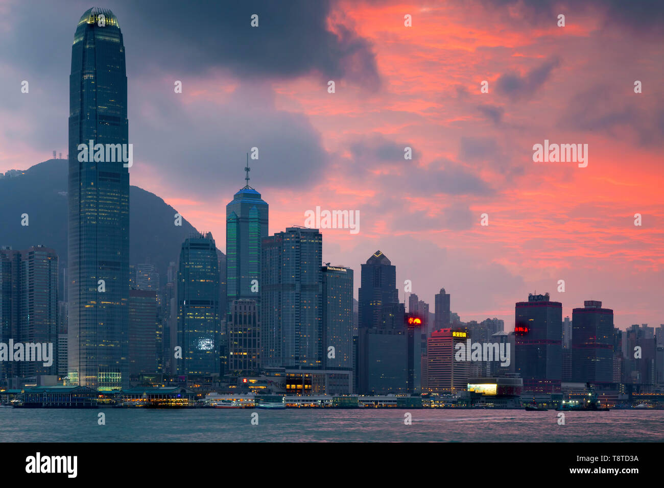 Victoria Harbour at sunset, Hong Kong, SAR, China Stock Photo