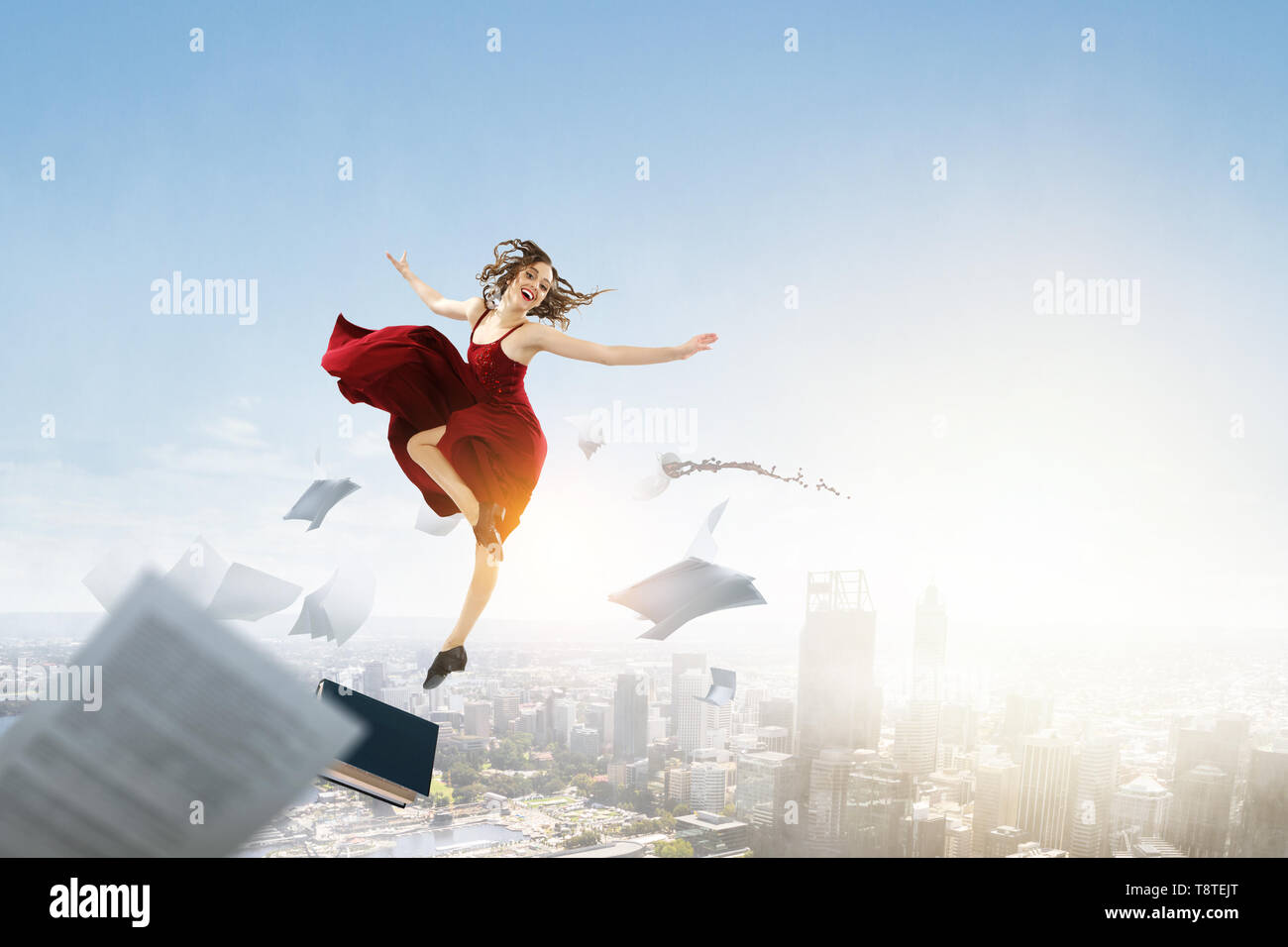 Young and beautiful female dancer in a red dress. Mixed media Stock ...