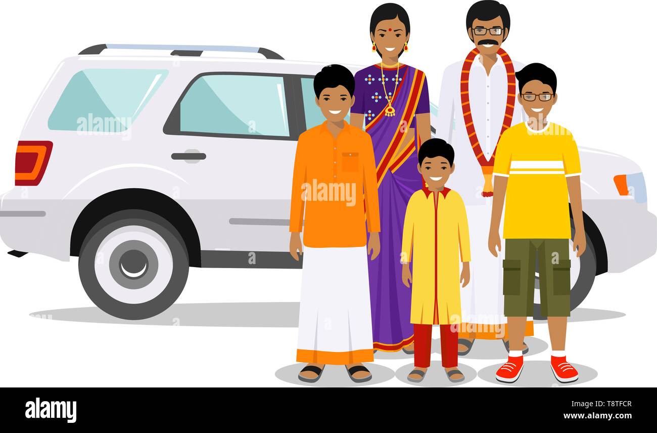 Family and social concept. Indian person generations at different ages. Set of people in traditional national clothes. Father, mother, boy standing Stock Vector