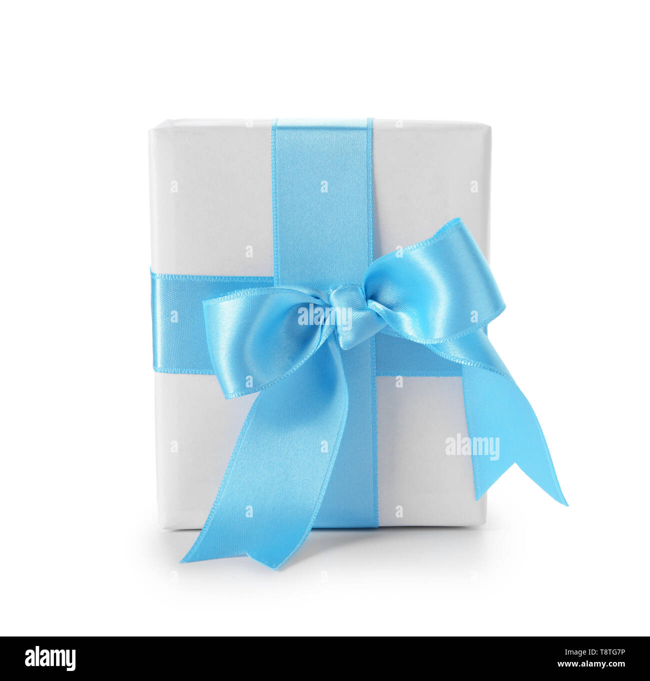 Gift box with blue ribbon on white background Stock Photo - Alamy