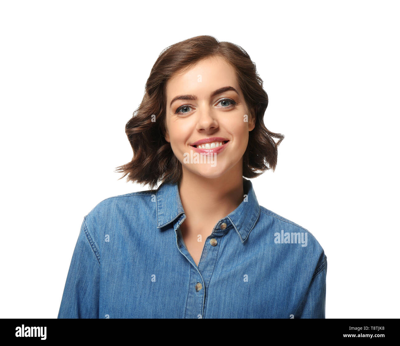 Portrait of beautiful young woman on white background Stock Photo - Alamy