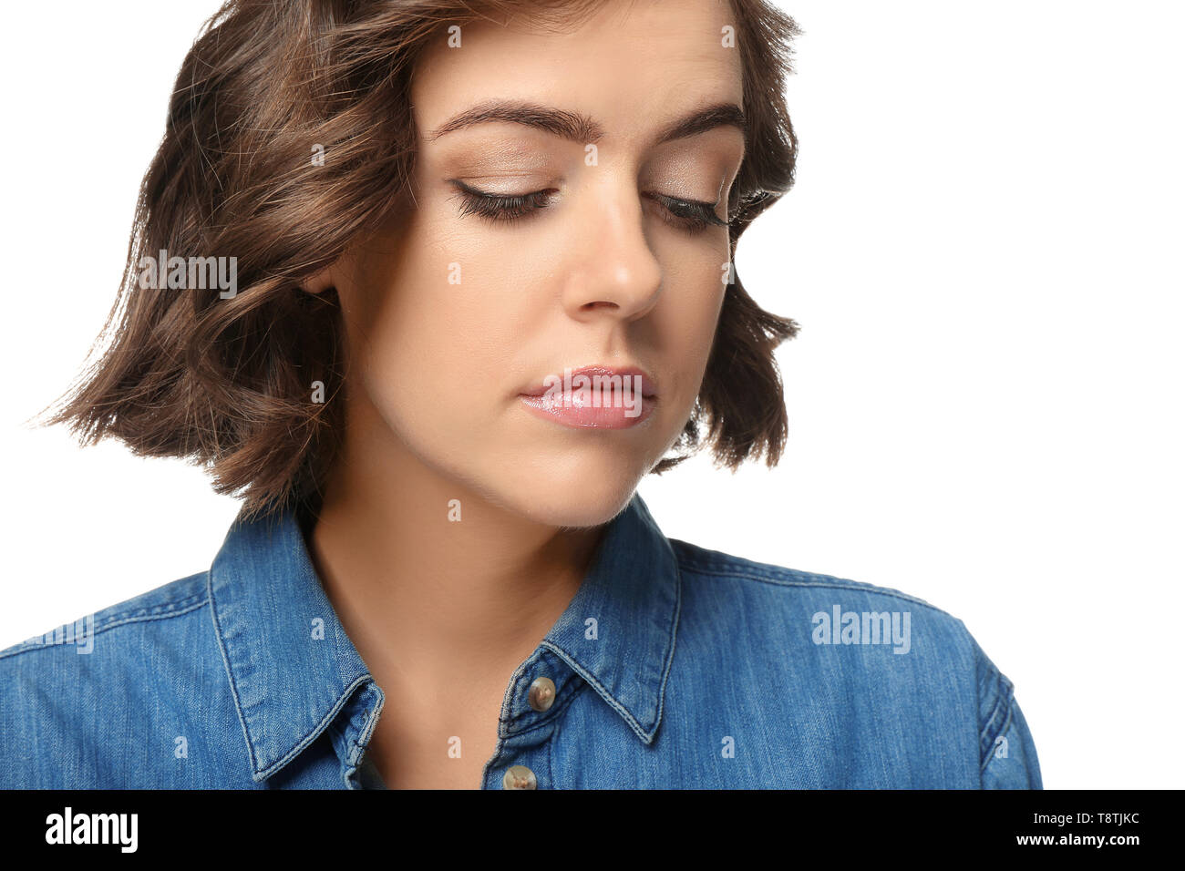 Portrait of beautiful young woman on white background Stock Photo - Alamy