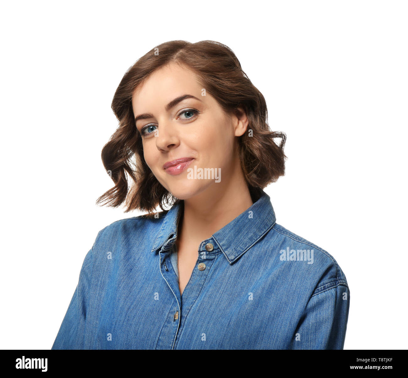 Portrait of beautiful young woman on white background Stock Photo - Alamy