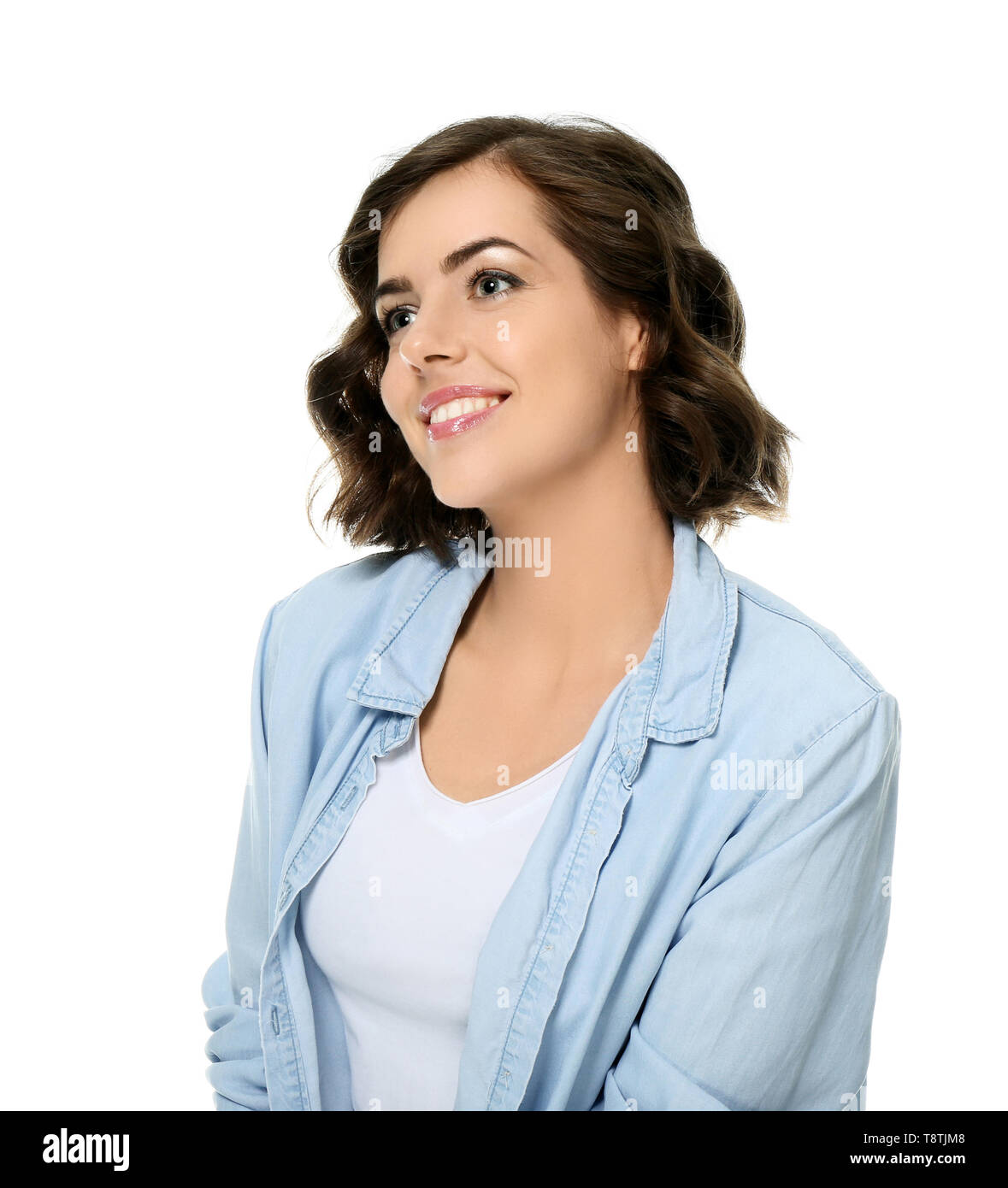Portrait of beautiful young woman on white background Stock Photo - Alamy