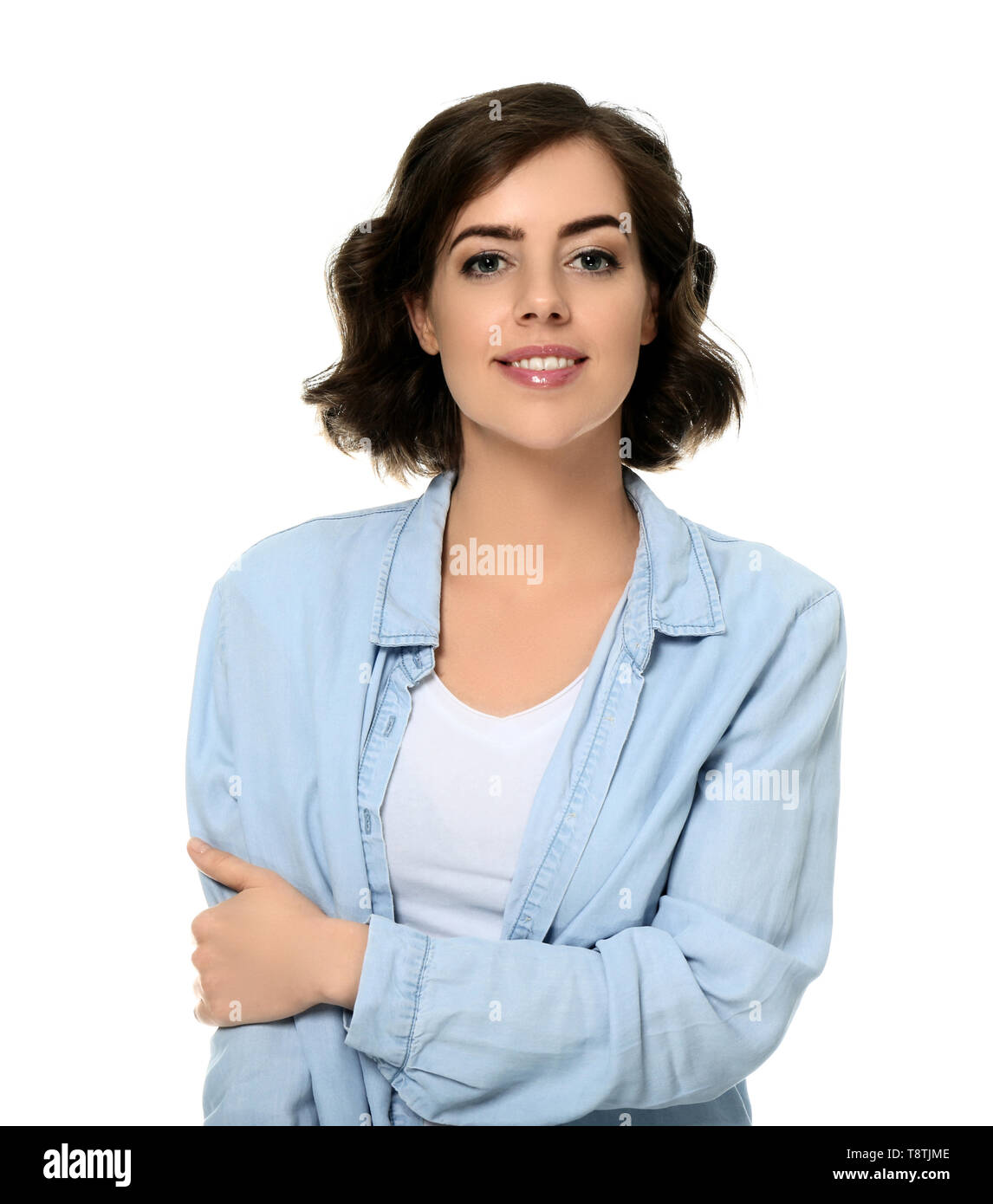 Portrait of beautiful young woman on white background Stock Photo - Alamy