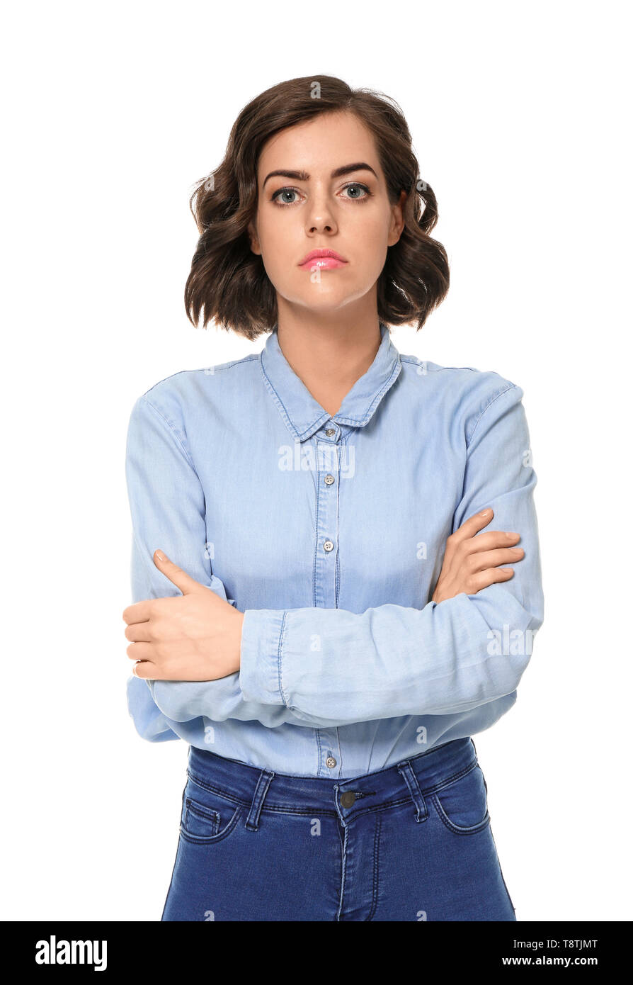 Portrait of beautiful young woman on white background Stock Photo - Alamy