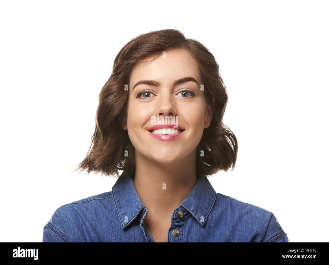Portrait of beautiful young woman on white background Stock Photo - Alamy