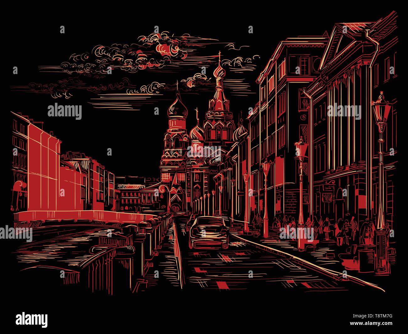 Cityscape of Church of the Savior on Blood in Saint Petersburg, Russia and embankment of river. Isolated vector hand drawing illustration in red color Stock Vector