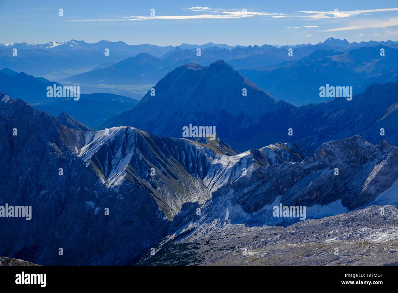 Alpine panorama, view from Zugspitze, over Schneeferner to Gatterl, behind Hohe Munde, Garmisch-Partenkirchen, Werdenfelser Land, Upper Bavaria Stock Photo