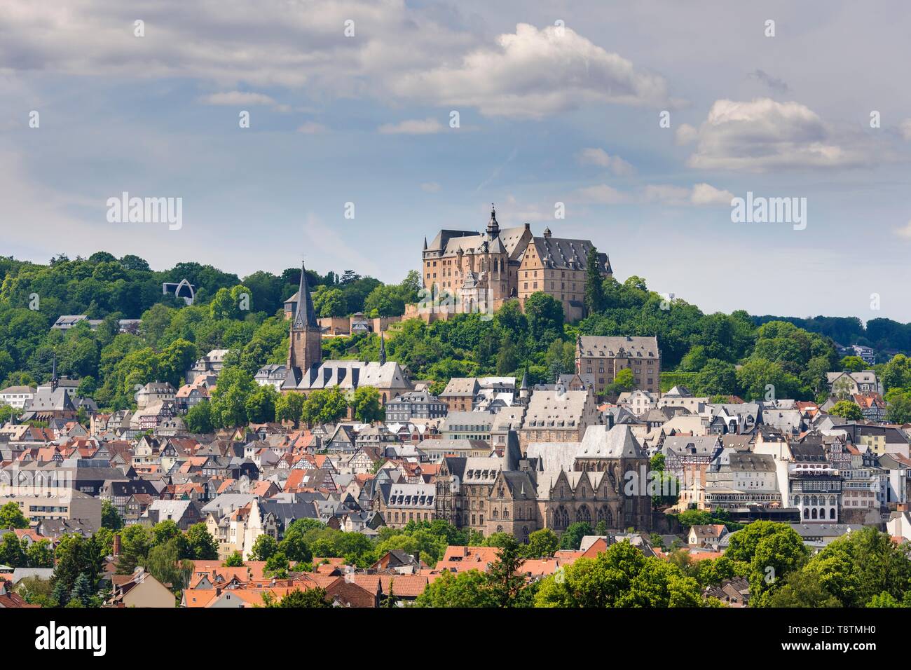 City view, landgrave castle with university museum and parish church St Marien, old town, Marburg, Hesse, Germany Stock Photo
