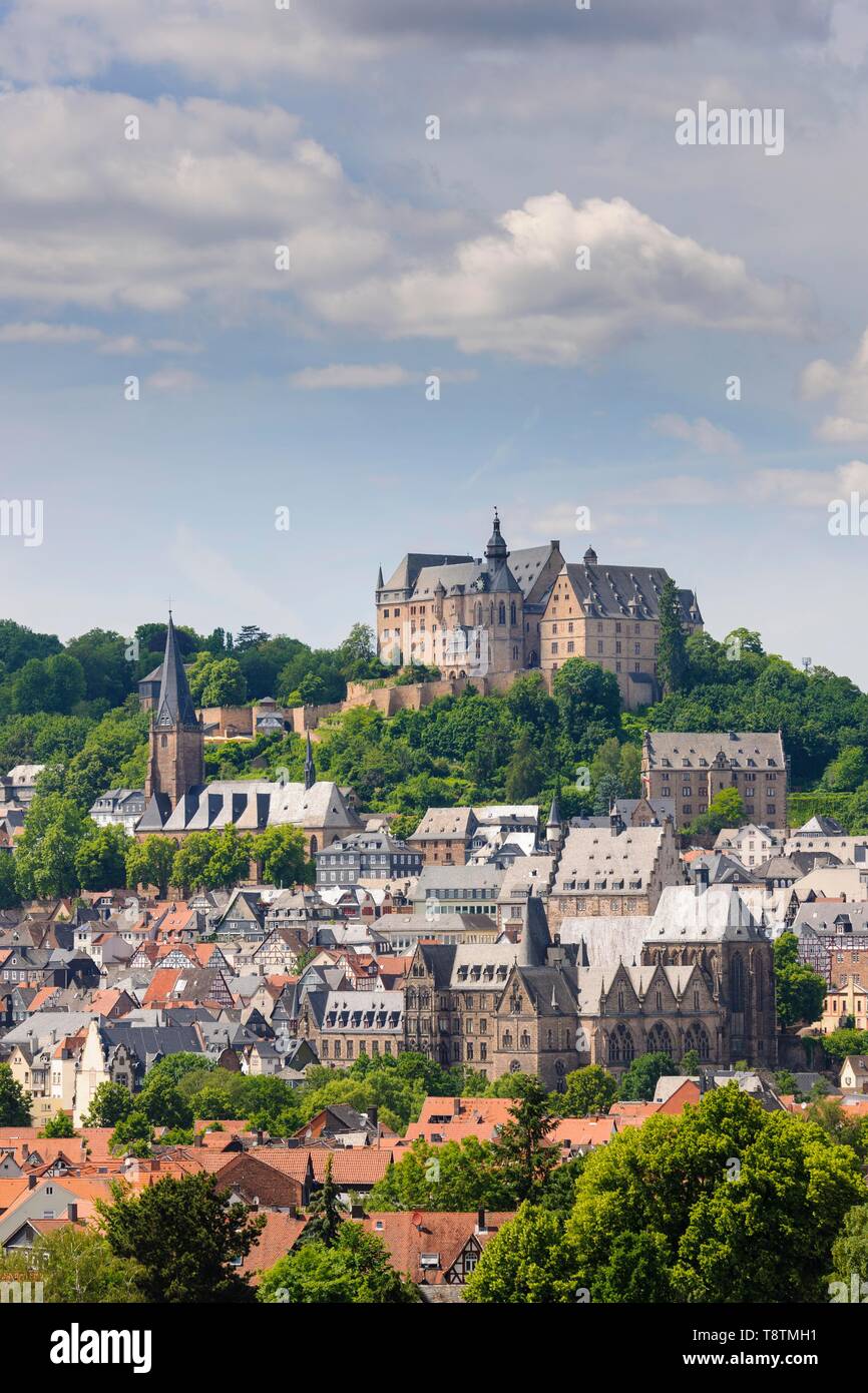 City view, landgrave castle with university museum and parish church St Marien, old town, Marburg, Hesse, Germany Stock Photo