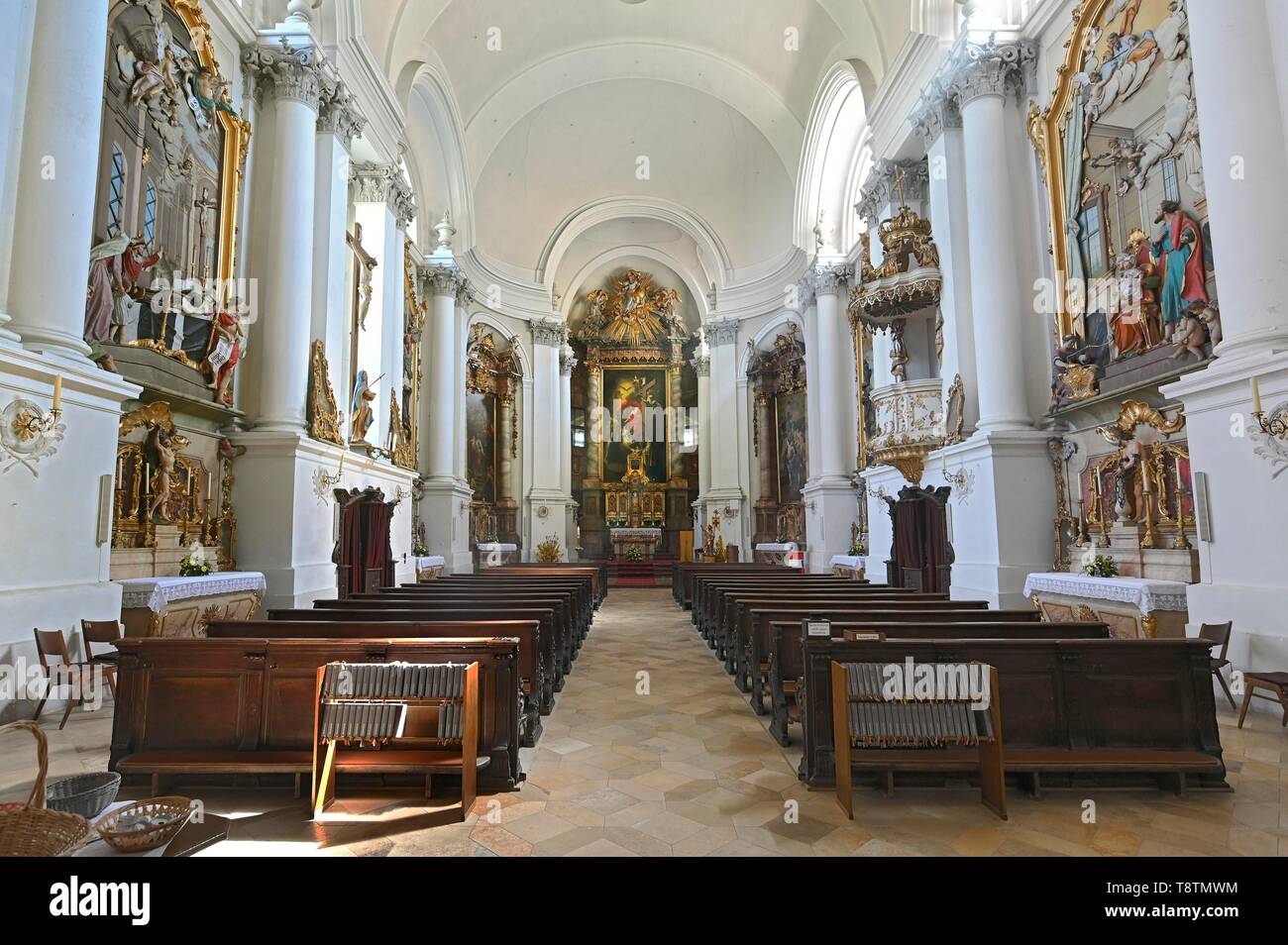 Interior view of the monastery church with sanctuary, Reisach monastery near Oberaudorf, Upper Bavaria, Bavaria, Germany Stock Photo