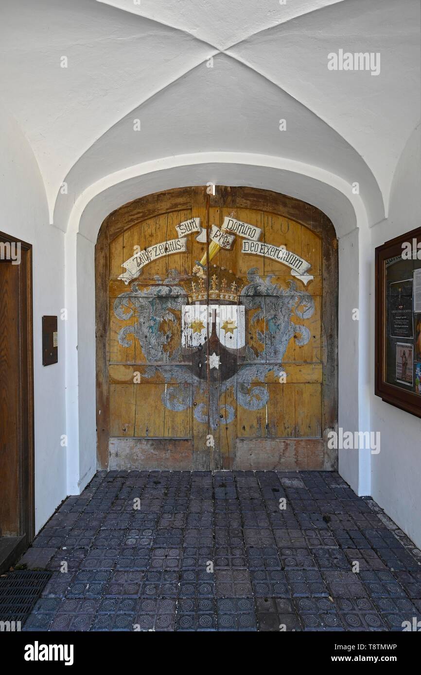 Historical painted wooden gate, Reisach monastery near Oberaudorf, Upper Bavaria, Bavaria, Germany Stock Photo