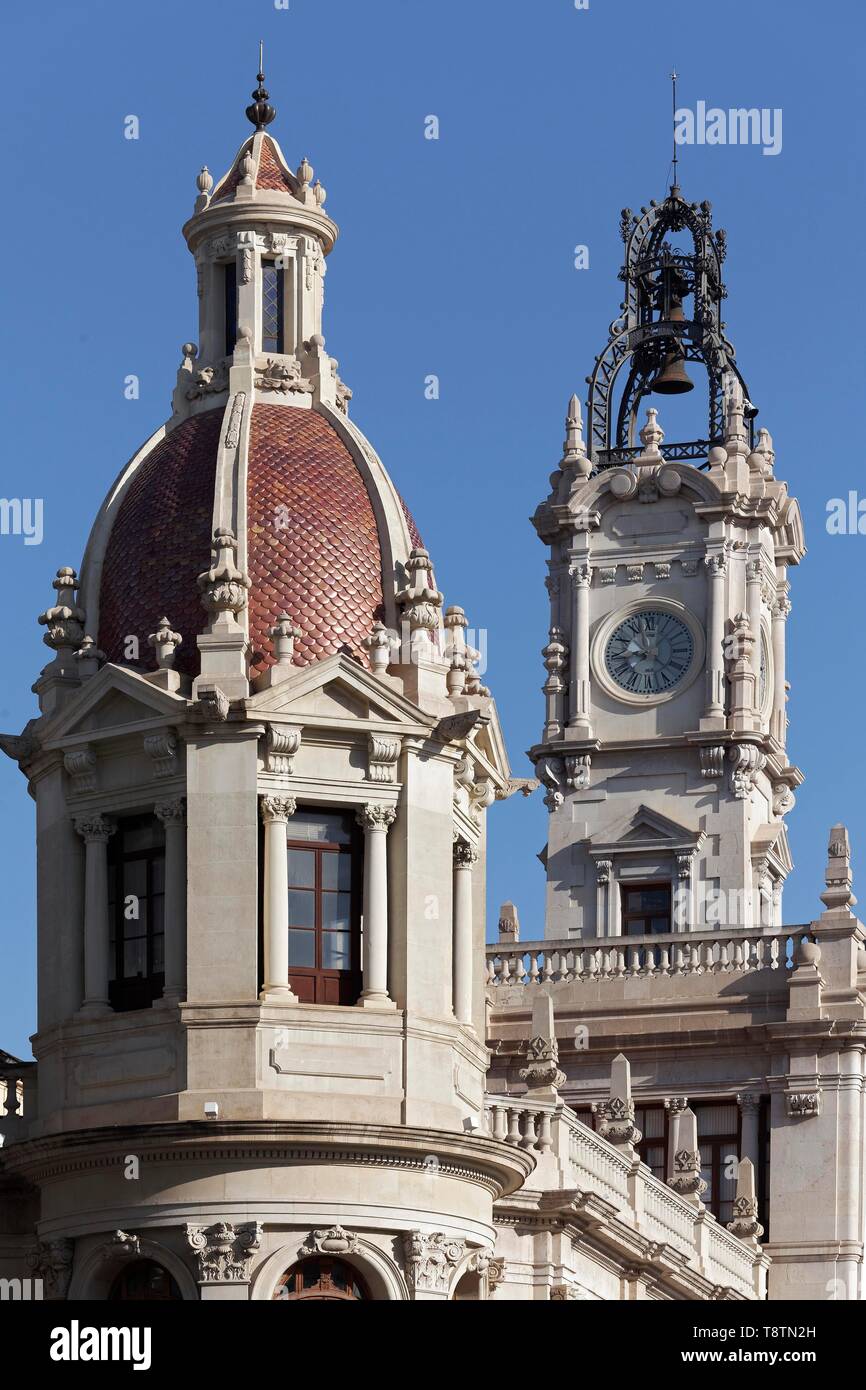 Towers of the City Hall, Ajuntament, eclectic architectural style, Valencia, Spain Stock Photo