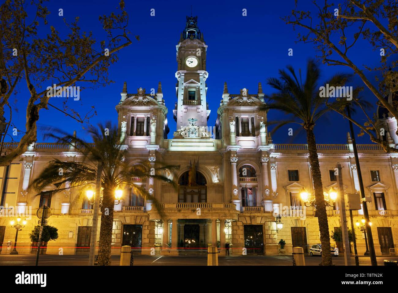 City Hall, Ajuntament, night, illuminated, eclectic architectural style, Valencia, Spain Stock Photo