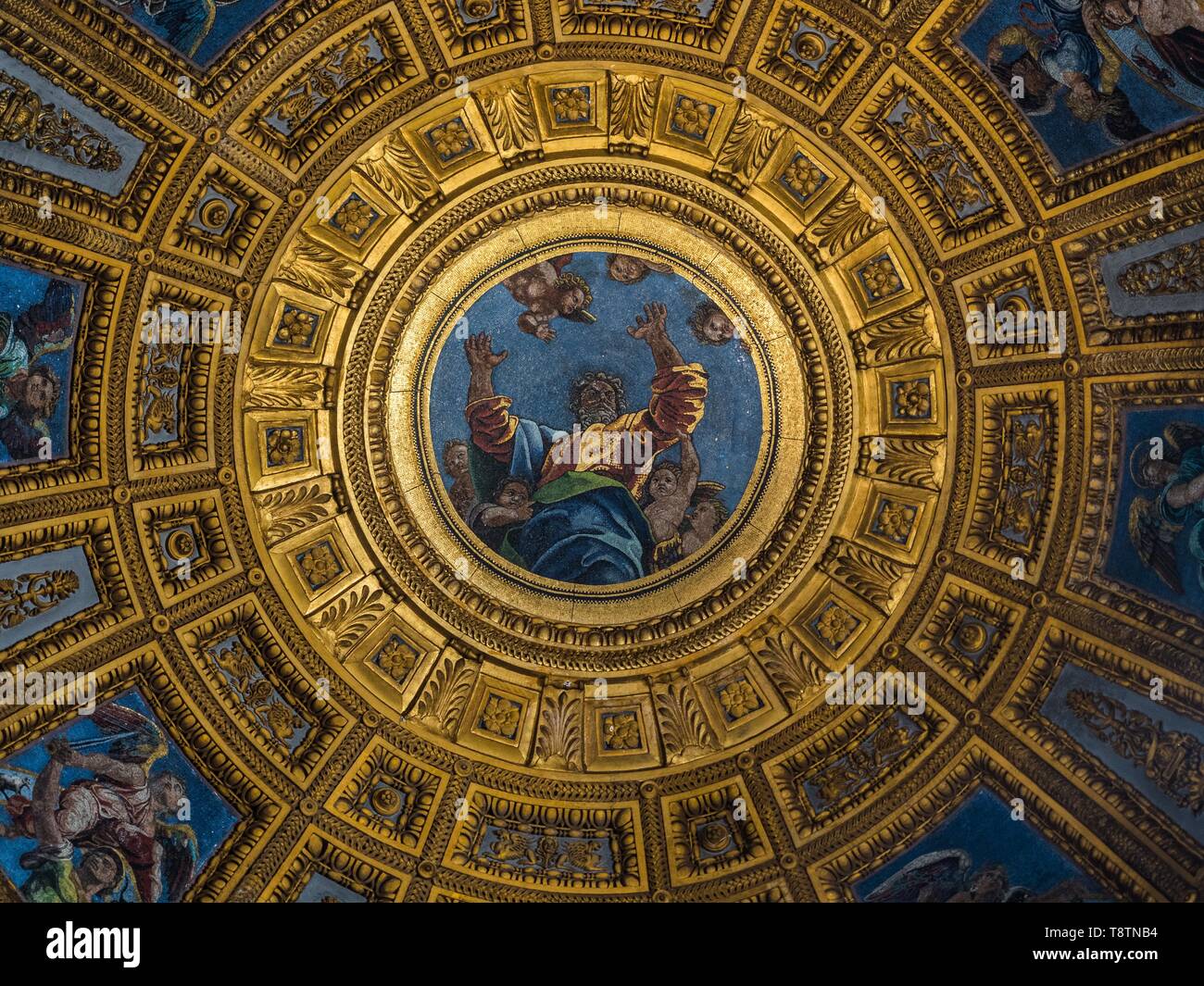 Artistic dome with mosaic, God as creator, Creation story, Cappella Chigi, 1507-1515 by Raphael, Santa Maria del Popolo, Rome, Lazio, Italy Stock Photo