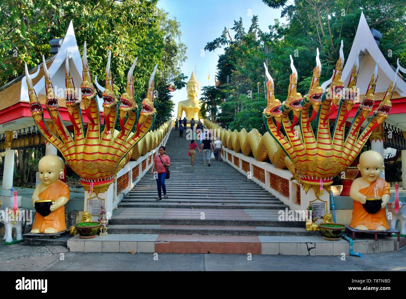 Golden Buddha Statue, Seven-headed Naga on stairs to Wat Phra Yai Temple, Pattaya, Chon Buri Province, Thailand, Asia Stock Photo