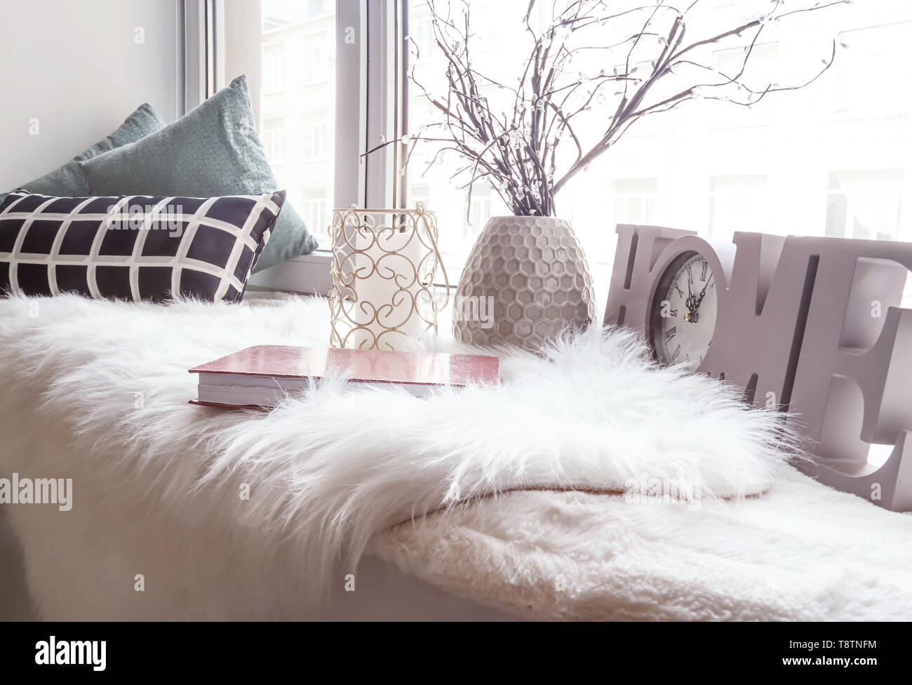 Cozy Place For Rest With Pillows And Soft Fluffy Plaid On