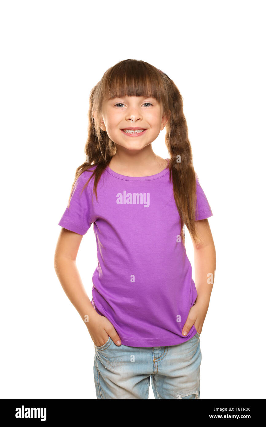 Little girl in tshirt on white background Stock Photo Alamy