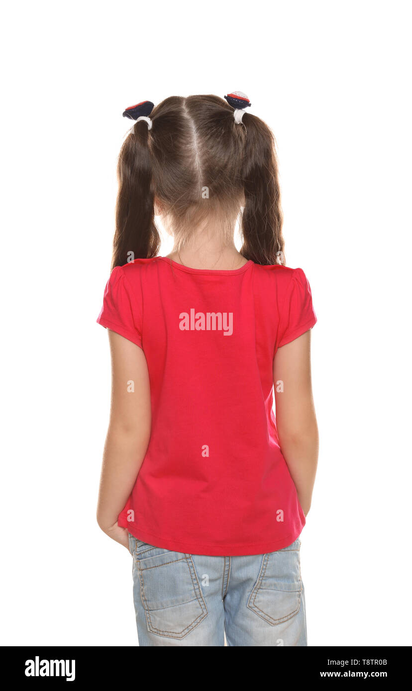 Little girl in tshirt on white background, back view Stock Photo Alamy