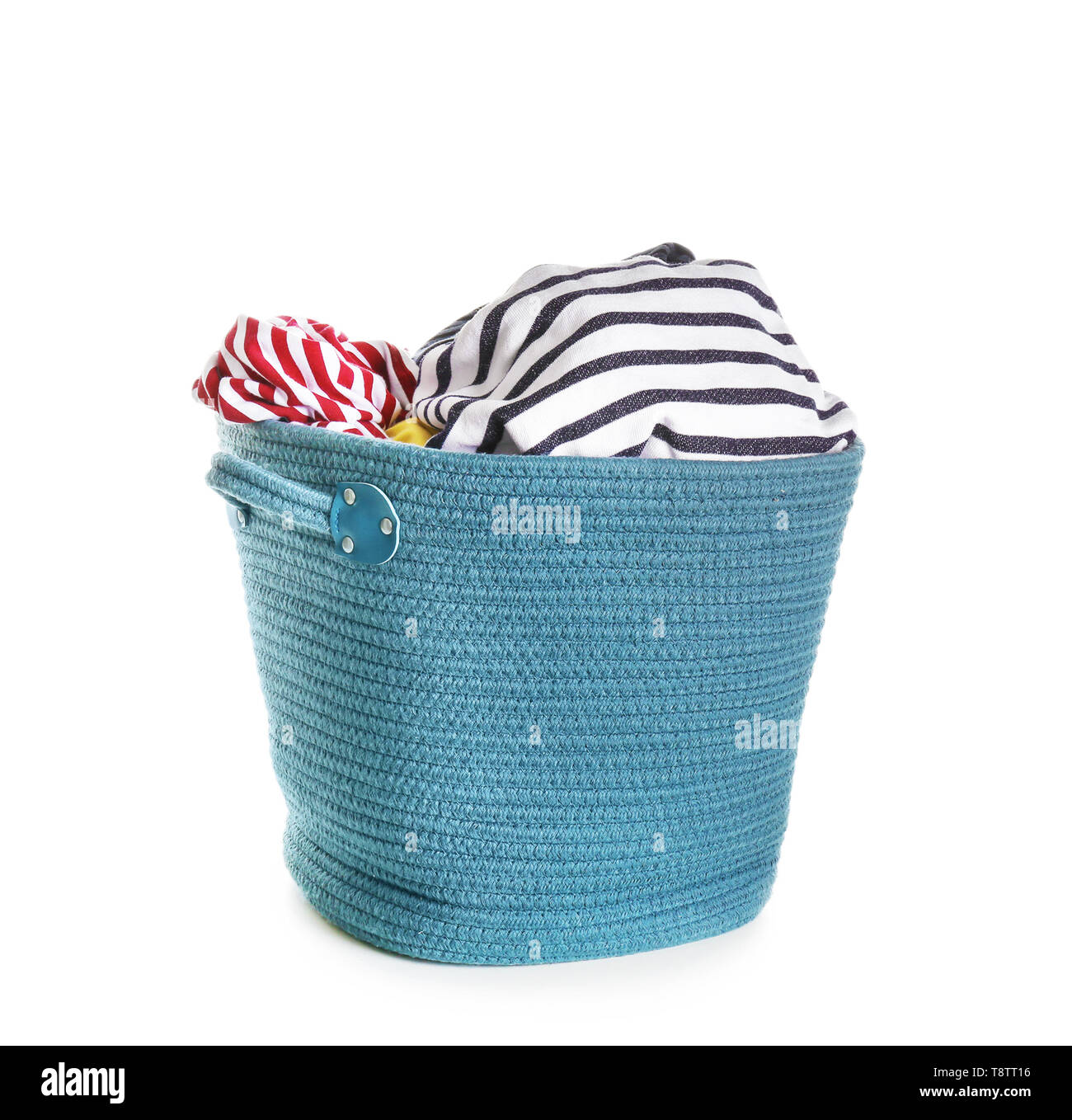 Laundry basket with dirty clothes on white background Stock Photo Alamy