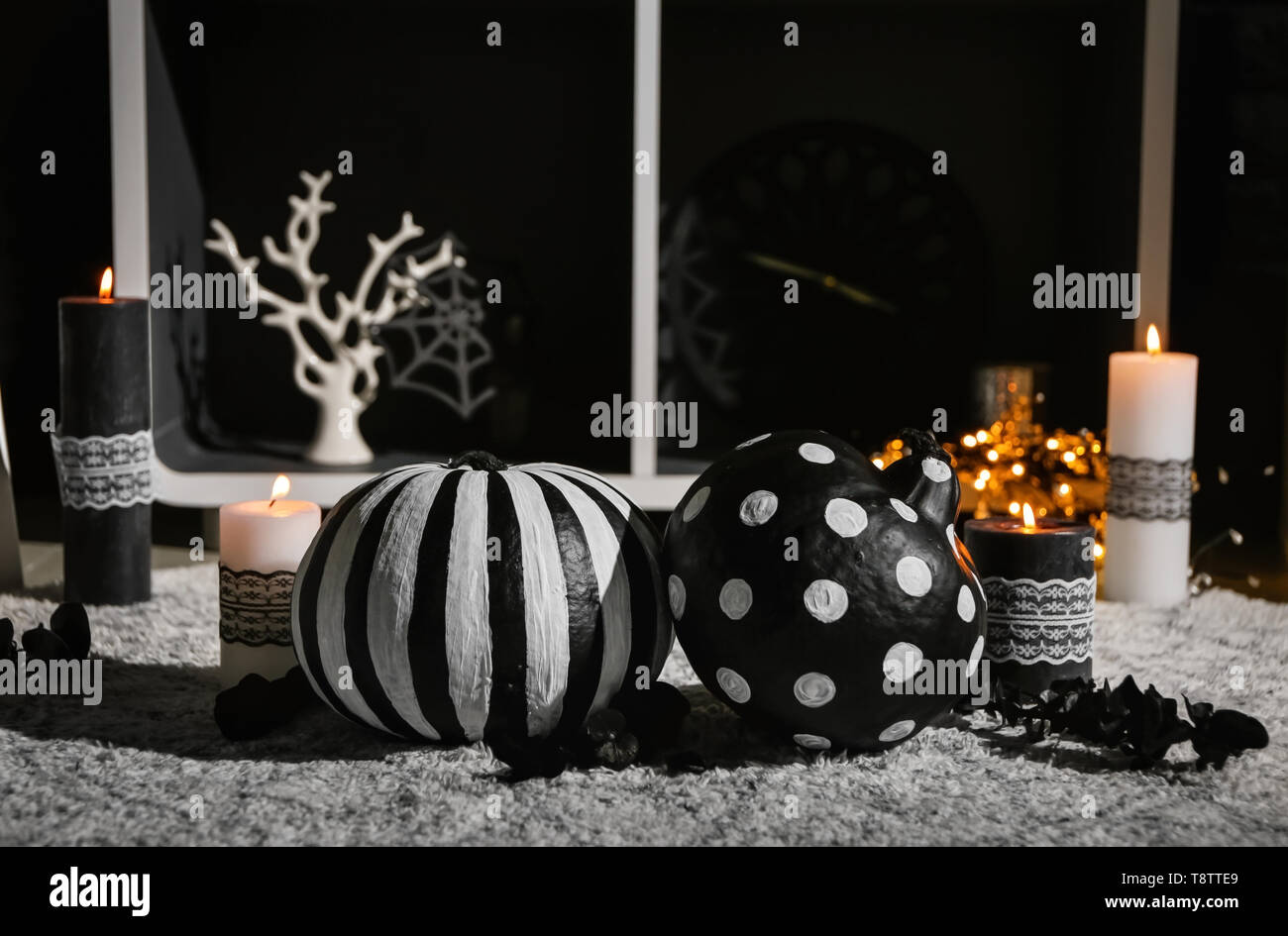 Creative Decorations For Halloween Party On Floor Stock Photo