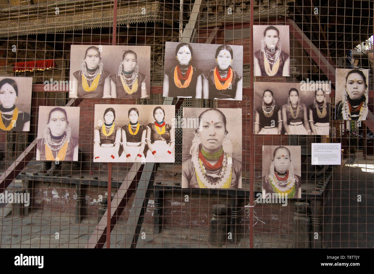 Photographs of Tharu women from Karjahi, Dang, who led a peasants' revolt against abusive landlords in 1980, displayed in Durbar Square, Patan, Kathma Stock Photo