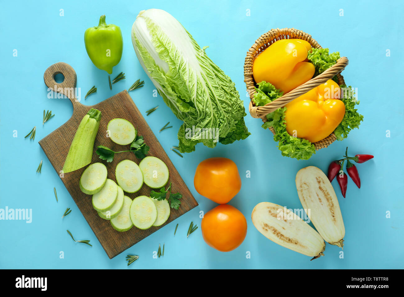 Flat lay composition with various vegetables on color background Stock Photo