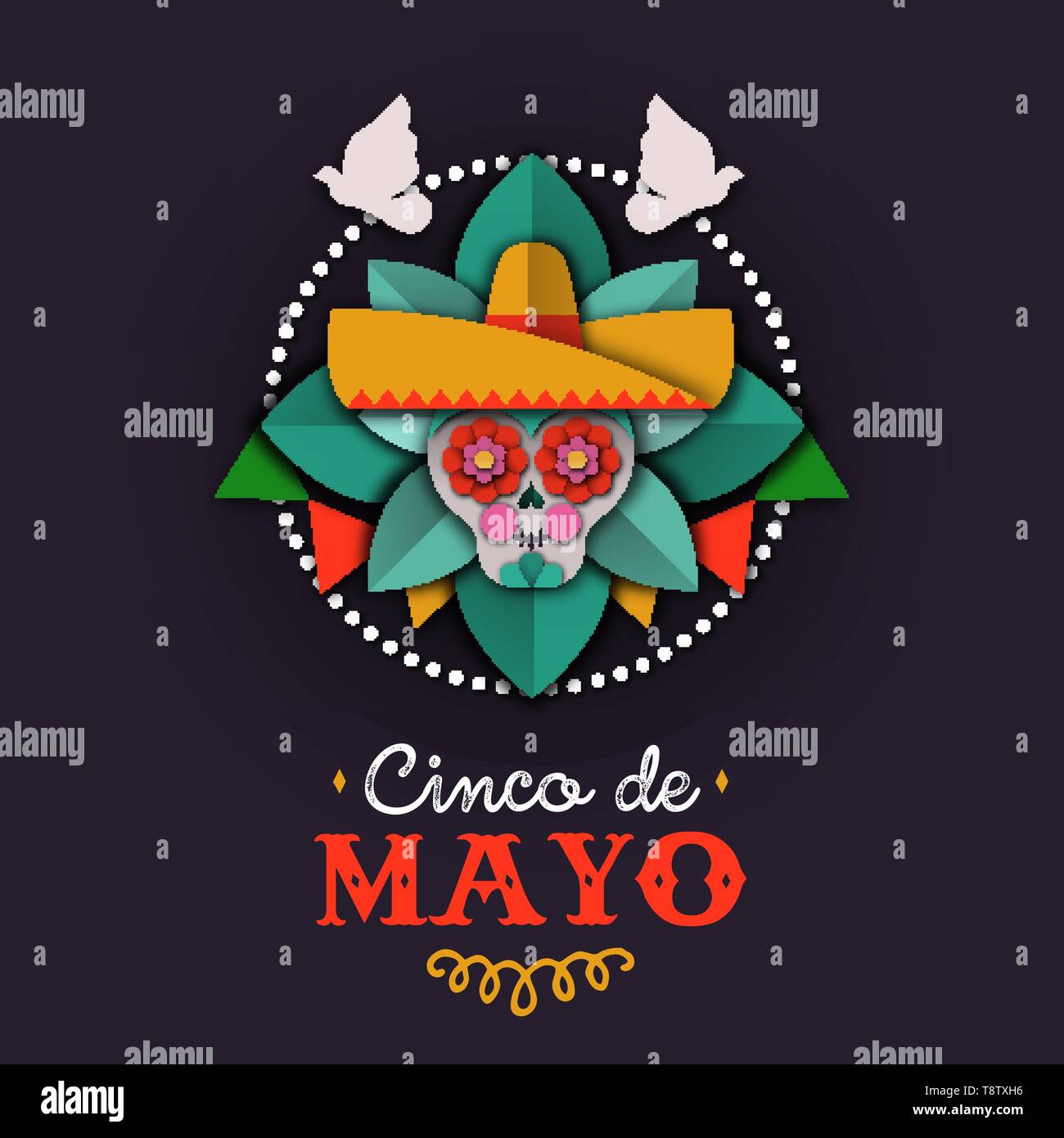 Happy Cinco de Mayo greeting card illustration for Mexican independence celebration. Papercut