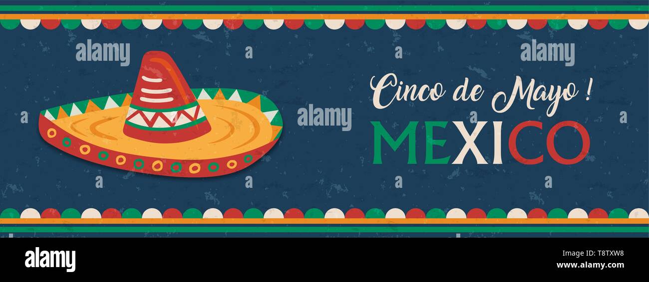 Cinco de Mayo web banner for Mexican independence celebration. Traditional mexico mariachi hat and flag color decoration. Stock Vector