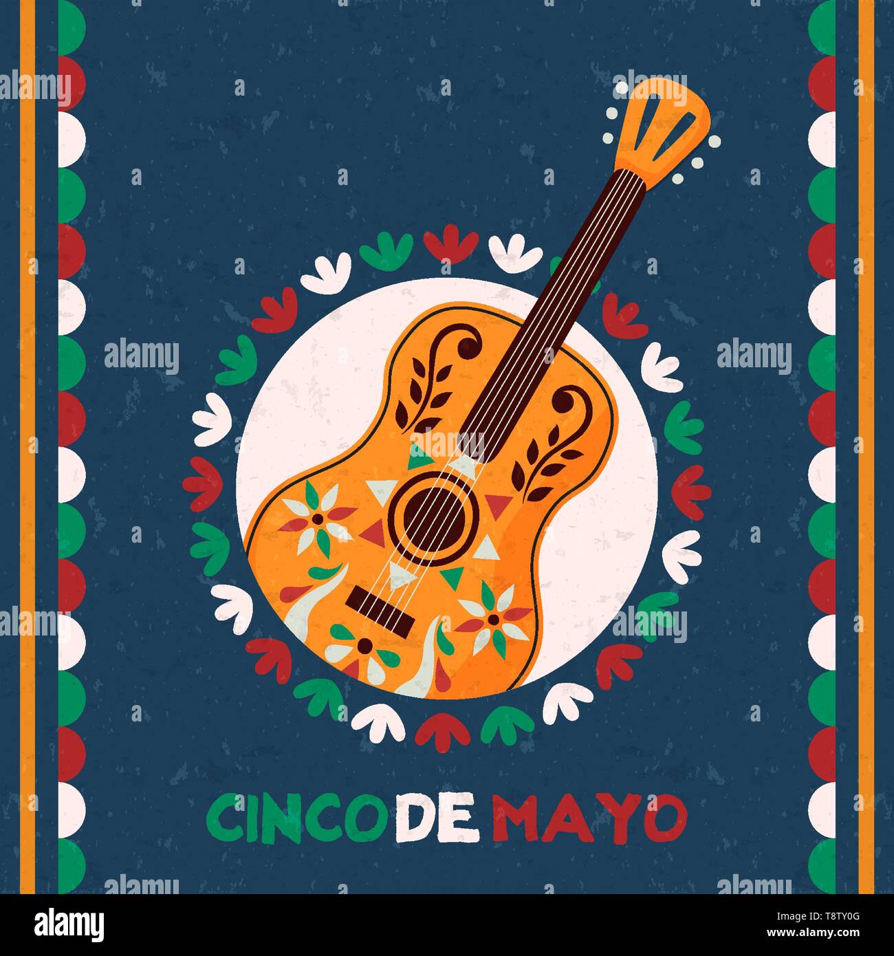 Cinco de Mayo greeting card for Mexican independence celebration. Traditional mariachi guitar and mexico flag color decoration. Stock Vector