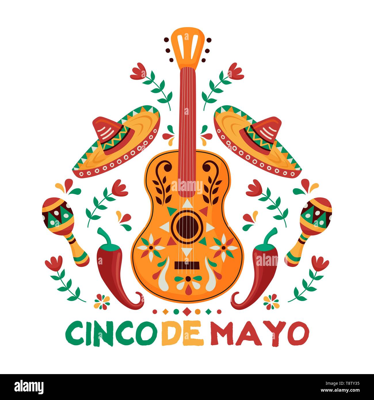 Cinco de Mayo greeting card for Mexican independence celebration.  Traditional mariachi guitar and mexico culture decoration. Includes  maracas, hat, ch Stock Vector Image & Art - Alamy