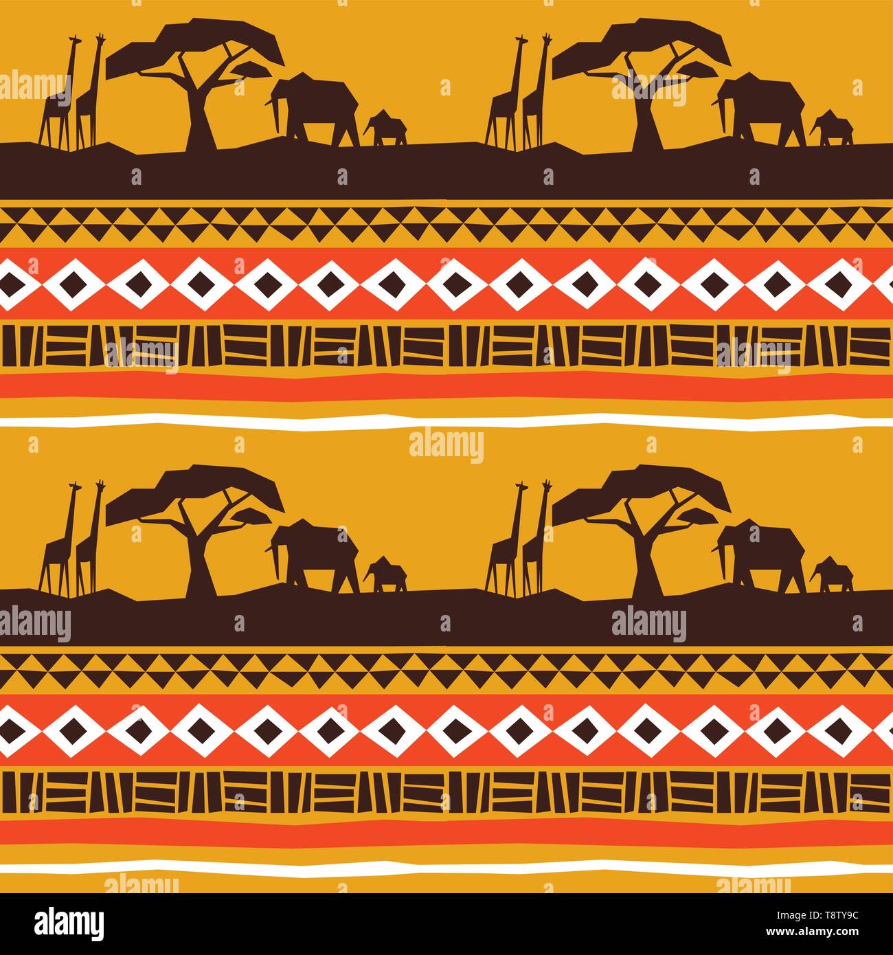 African art seamless pattern. Africa landscape with animals and traditional tribal style decoration background. Stock Vector