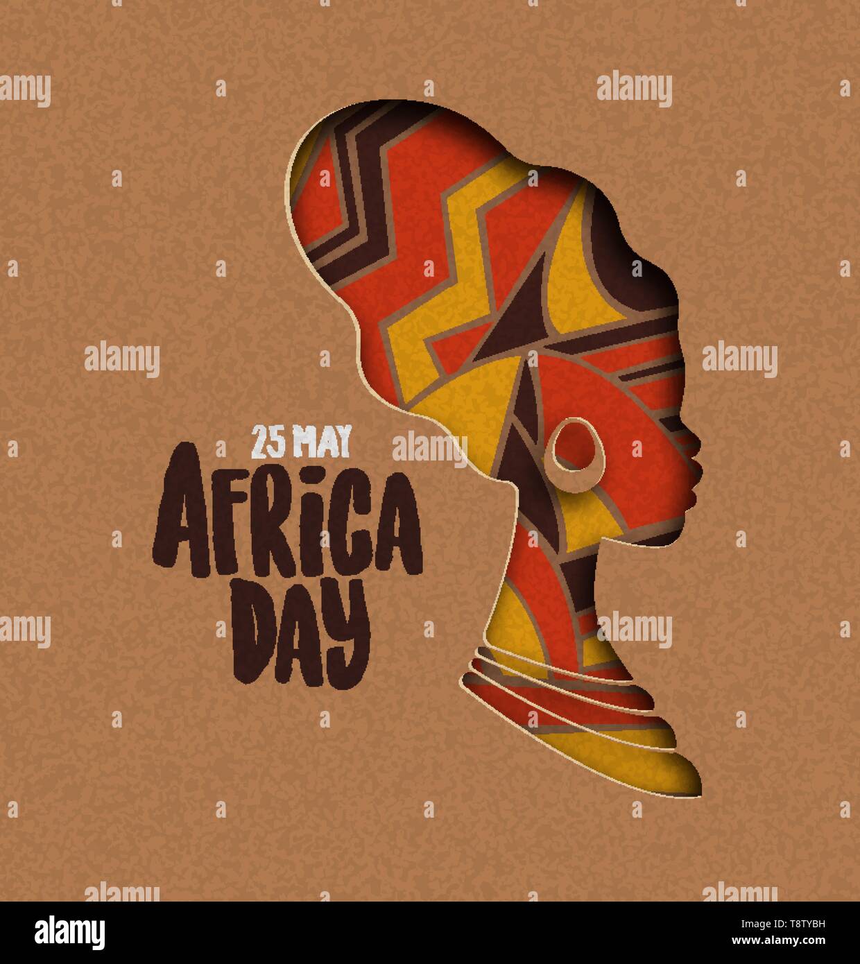 25 May Africa Day greeting card illustration with traditional african woman head silhouette in paper cut style. Stock Vector
