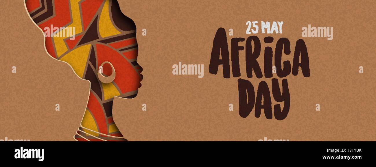 25 May Africa Day banner illustration with traditional african woman head silhouette in paper cut style. Stock Vector