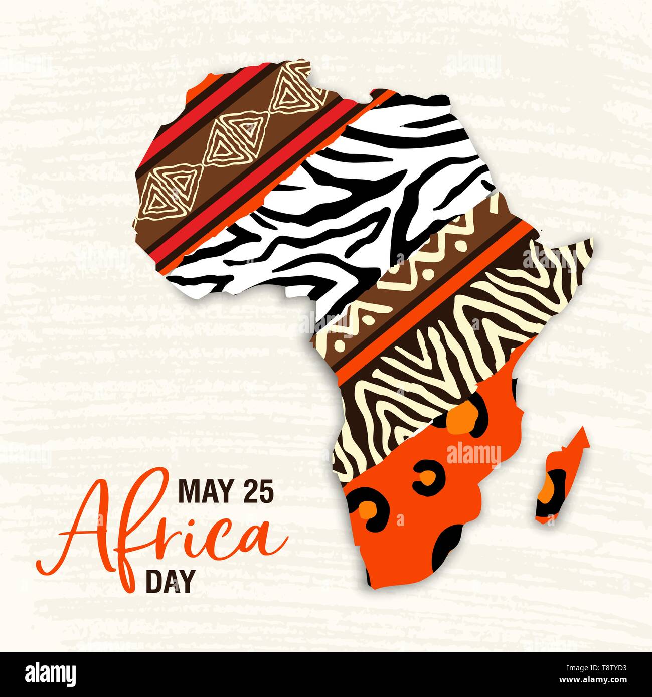 Africa Day greeting card illustration for 25 may celebration. African continent map with ethnic art and wild animal print textures. Stock Vector