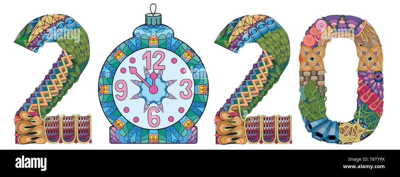 Number 2020 with a Christmas ball Zentangle. Vector decorative object Stock Vector