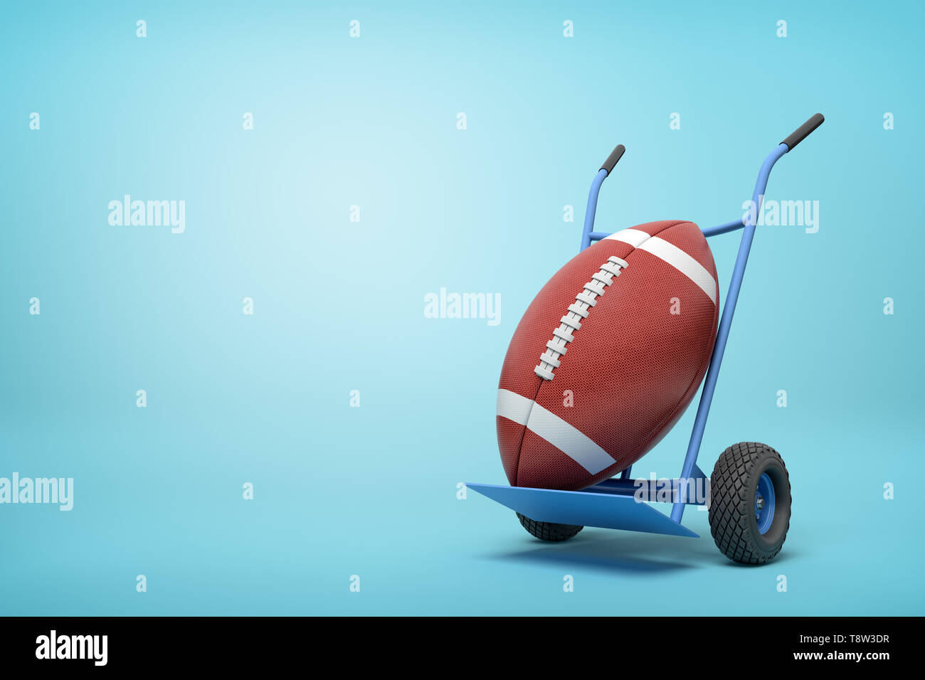 3d rendering of big brown gridiron ball on blue hand truck on light-blue background with copy space. Stock Photo