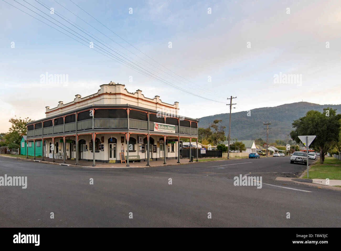 The 1880's constructed, heritage listed, Railway Hotel in the town of Murrurundi in the Upper Hunter Valley, New South Wales, Australia Stock Photo