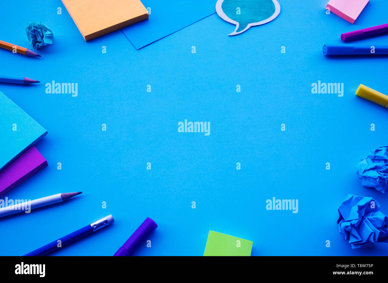 Inspiration ideas concepts with top view of blue desk table and ...