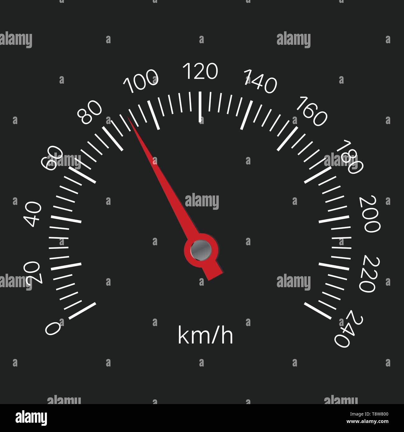 Realistic illustration of speedometer with red hand and white numbers